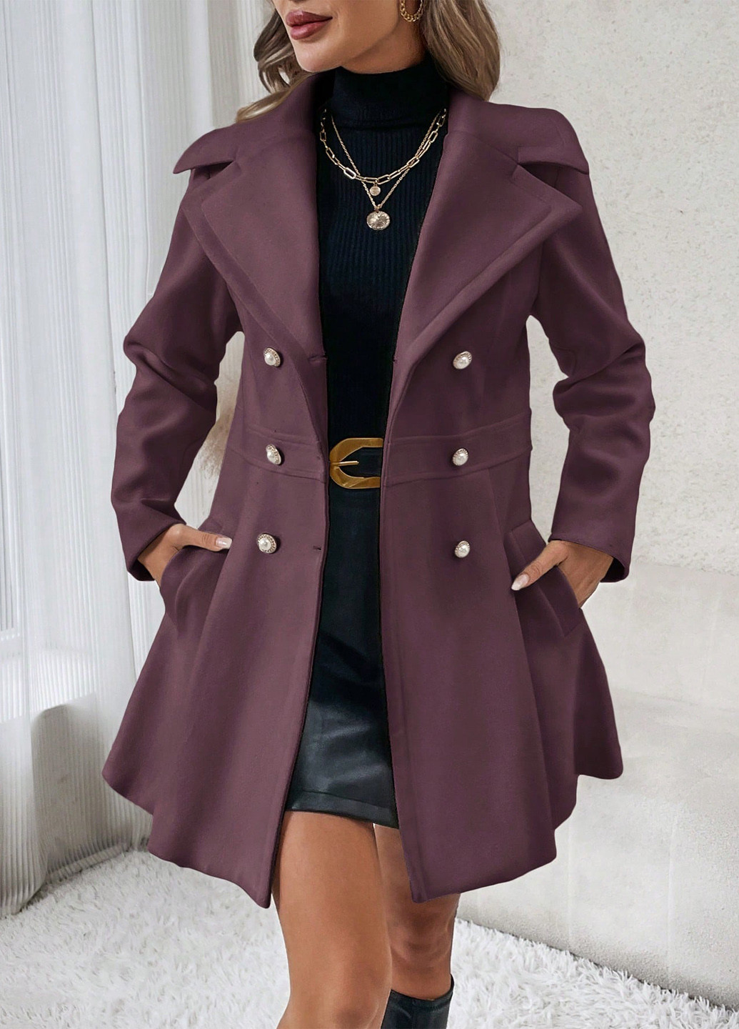 Сливове демісезонне Пальто двобортне SHEIN