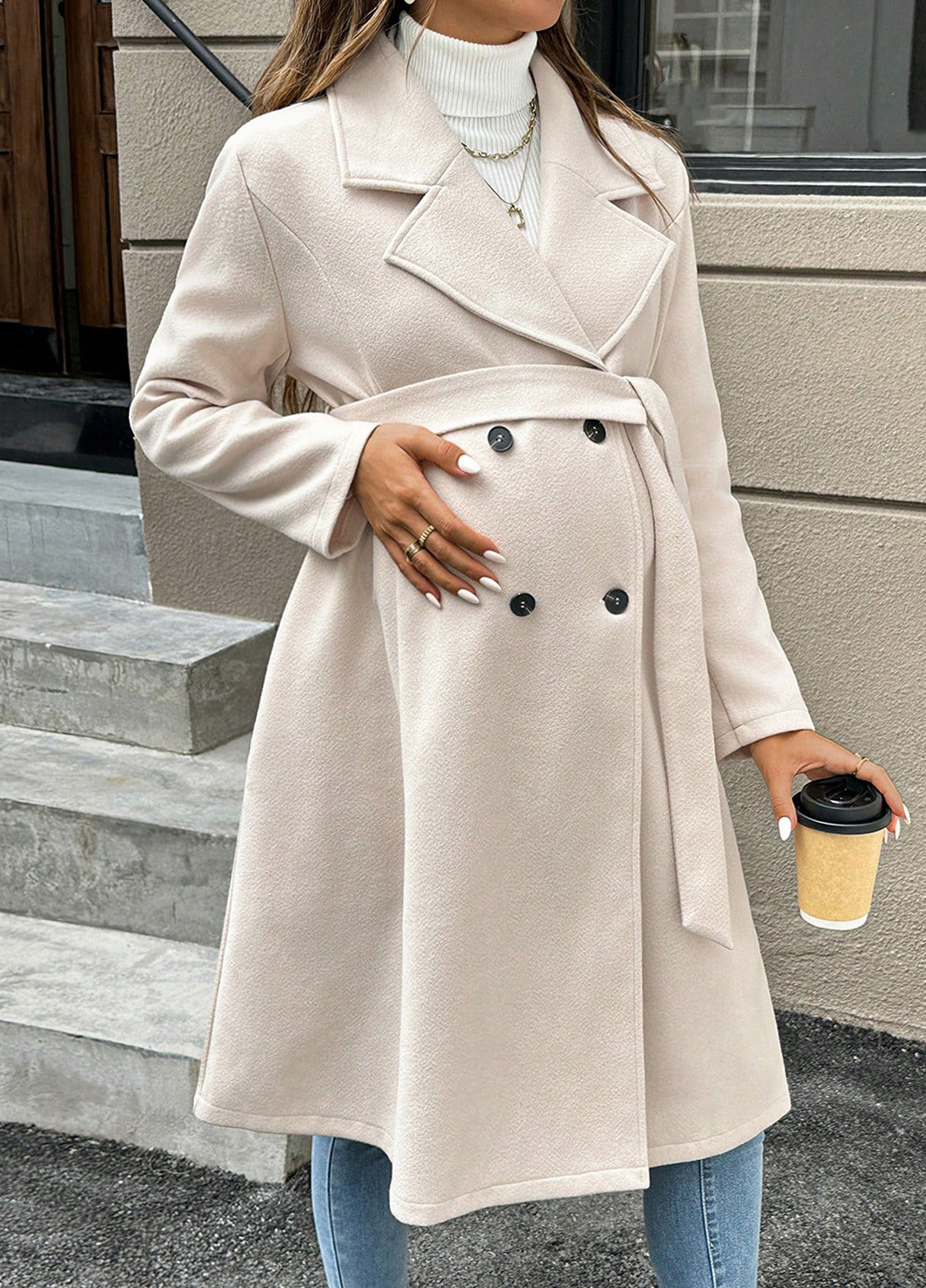 Кремове демісезонне Пальто для вагітних двобортне SHEIN