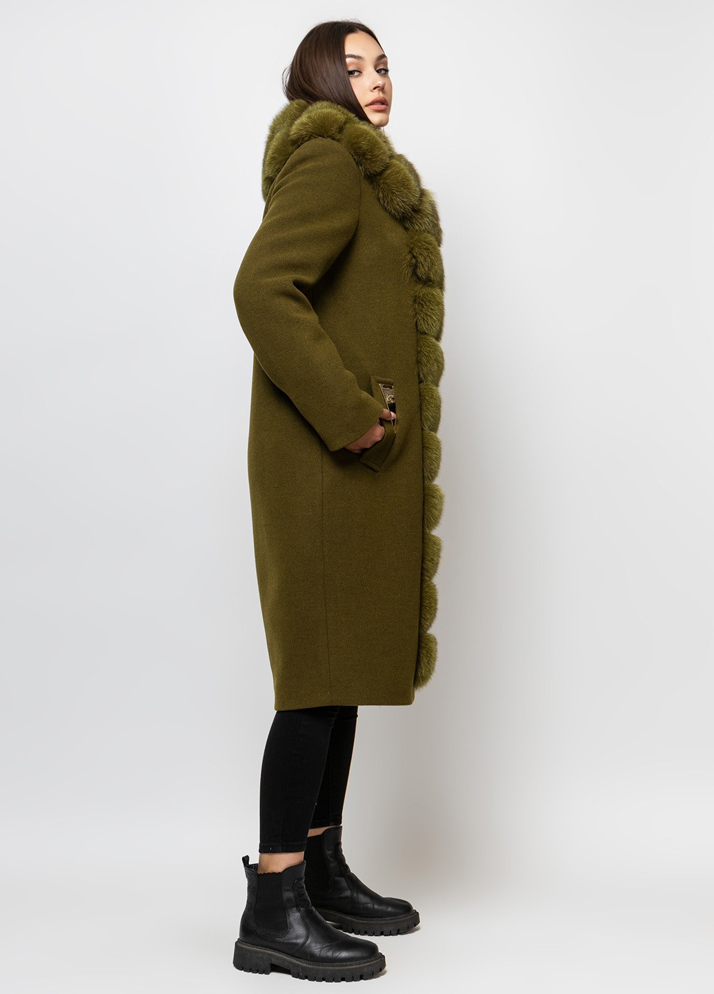 Зелене зимнє Утеплене жіноче пальто з натуральним хутром песця однобортне O`zona milano