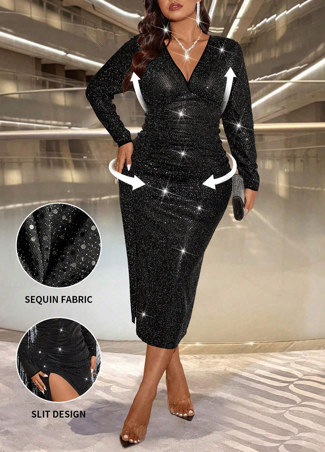 Черное вечернее платье силуэтная SHEIN с узором «перец с солью»