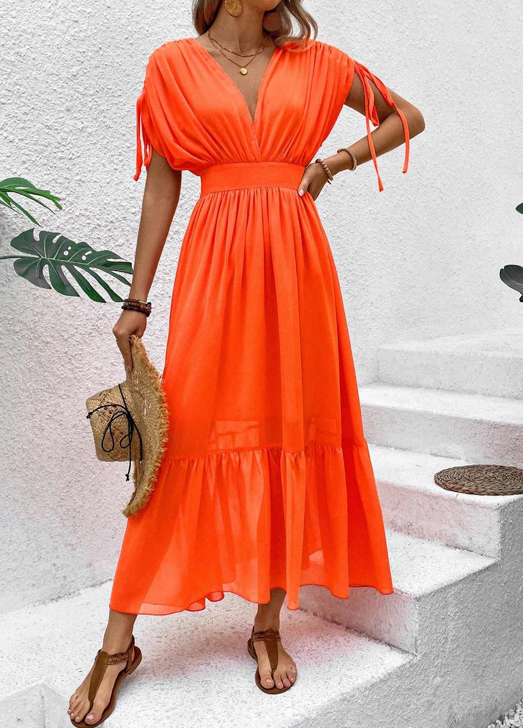 Оранжевое кэжуал платье а-силуэт SHEIN однотонное