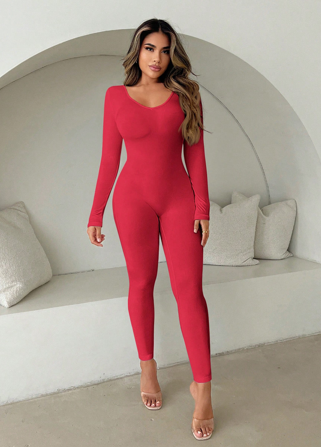 Комбинезон SHEIN комбинезон-брюки однотонный красный вечерний полиэстер, трикотаж