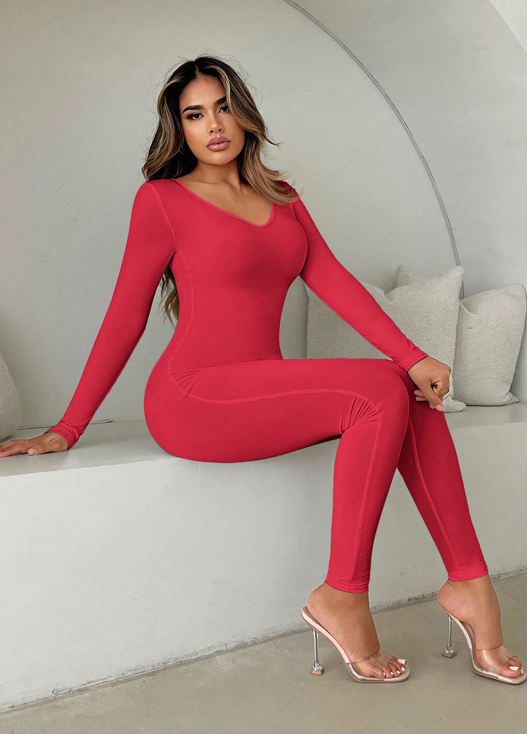 Комбинезон SHEIN комбинезон-брюки однотонный красный вечерний полиэстер, трикотаж