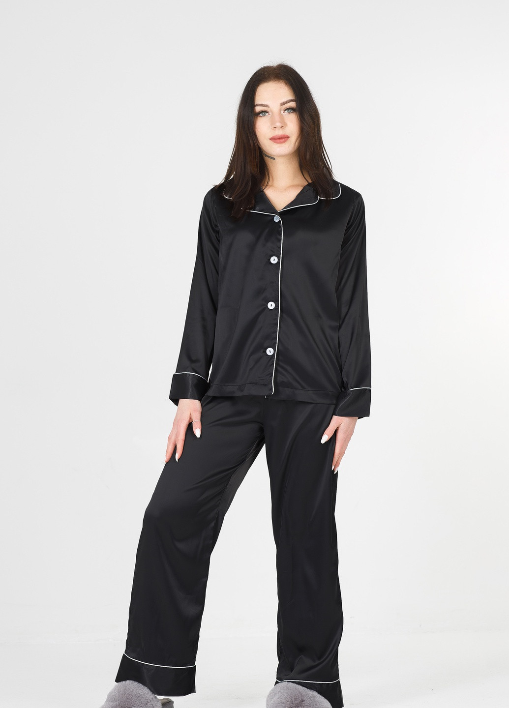 Черная всесезон черная с белым кантом пижама (рубашка + штаны) рубашка + брюки SONTSVIT