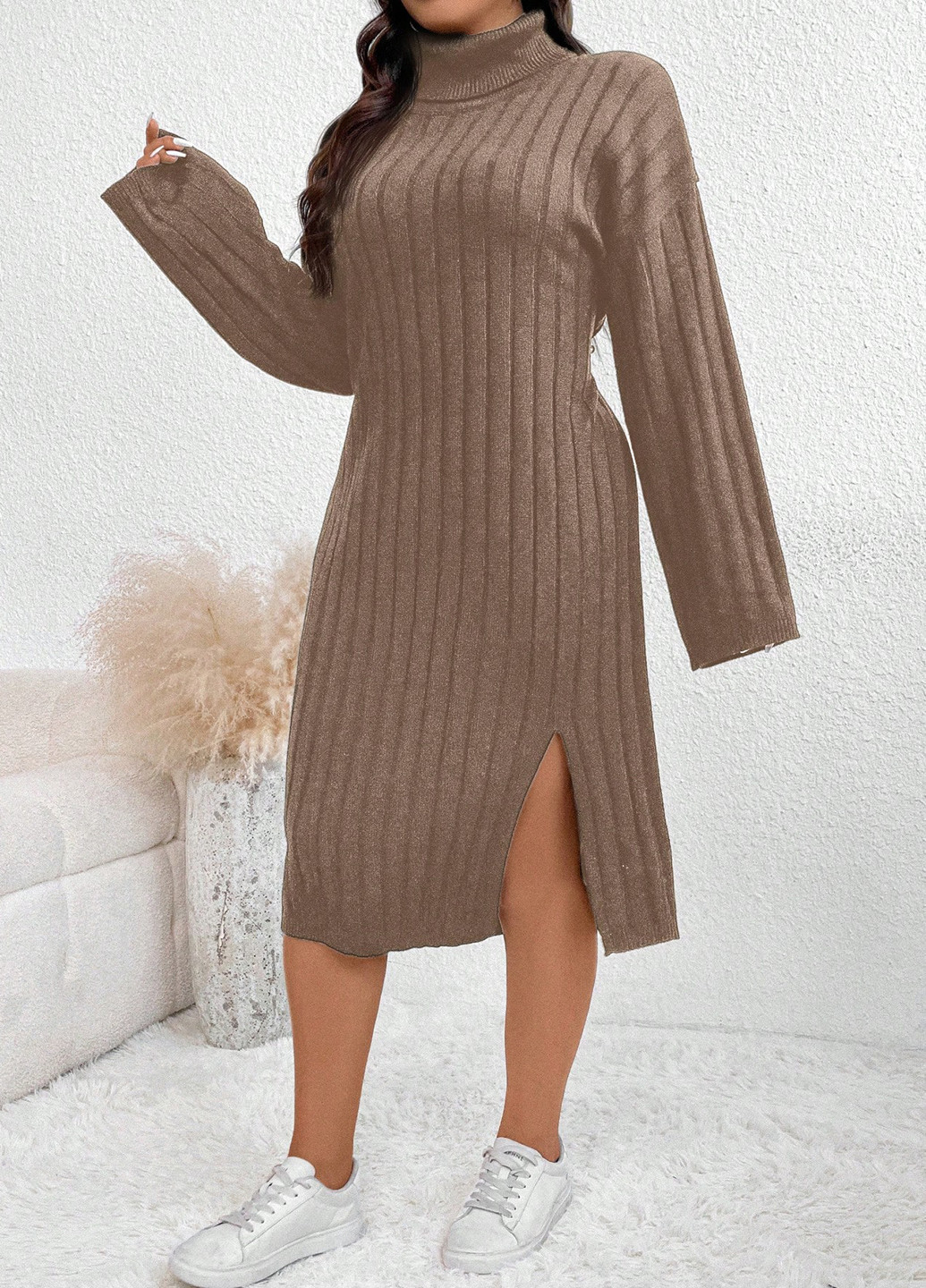Темно-бежевое кэжуал платье платье-свитер SHEIN однотонное