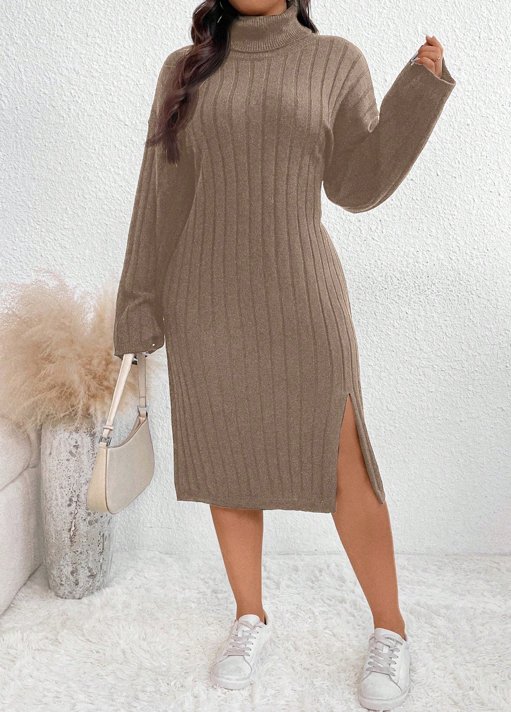 Темно-бежевое кэжуал платье платье-свитер SHEIN однотонное
