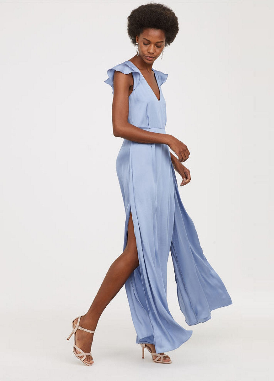 Голубое вечернее атласное платье макси H&M однотонное