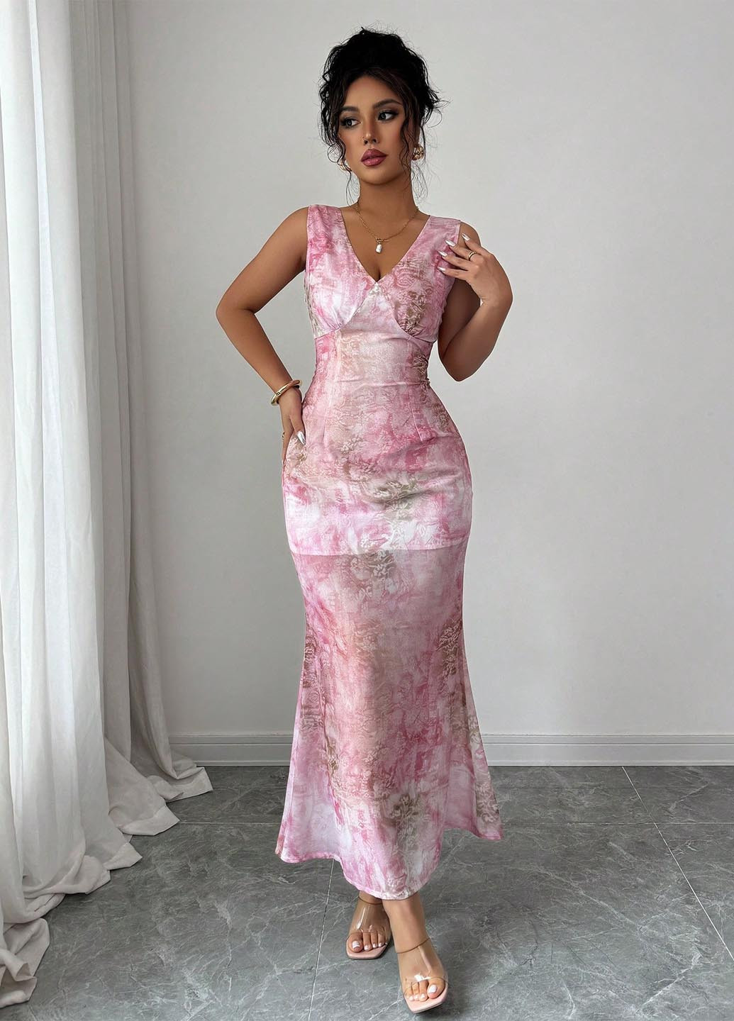 Світло-рожева вечірня сукня годе SHEIN тай-дай