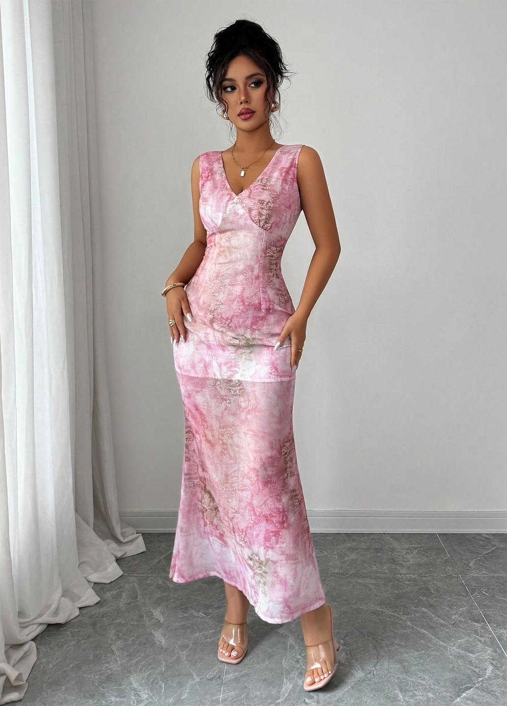 Світло-рожева вечірня сукня годе SHEIN тай-дай