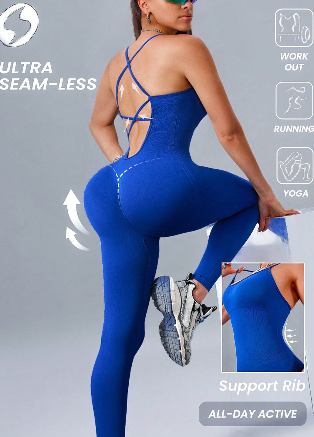 Комбинезон SHEIN комбинезон-брюки однотонный синий спортивный полиамид, трикотаж