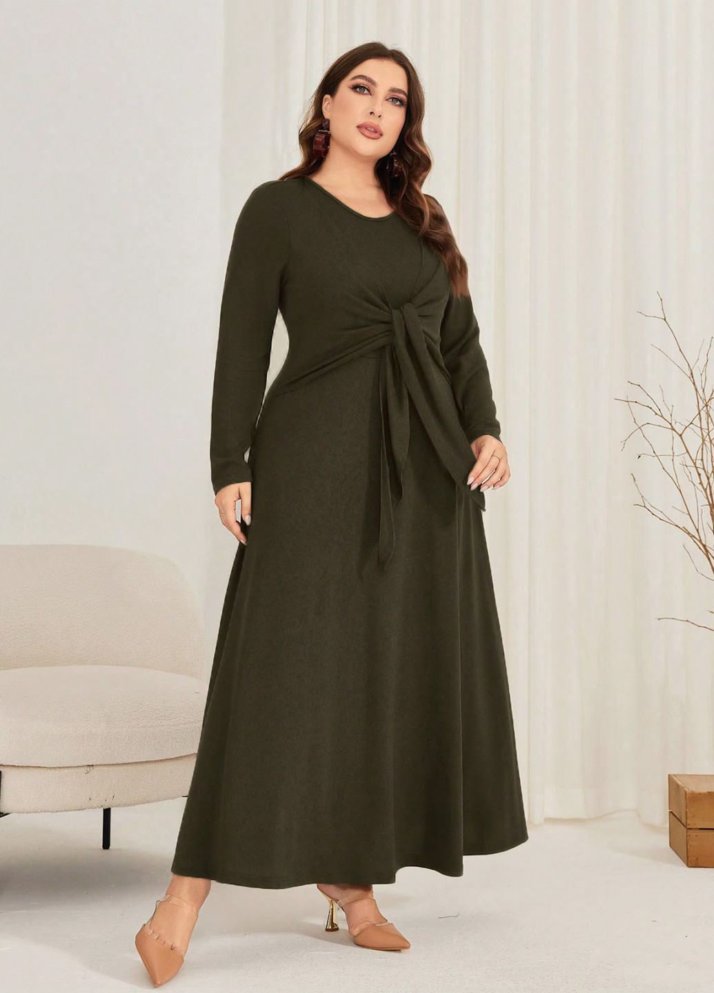 Оливковое (хаки) кэжуал платье а-силуэт SHEIN однотонное