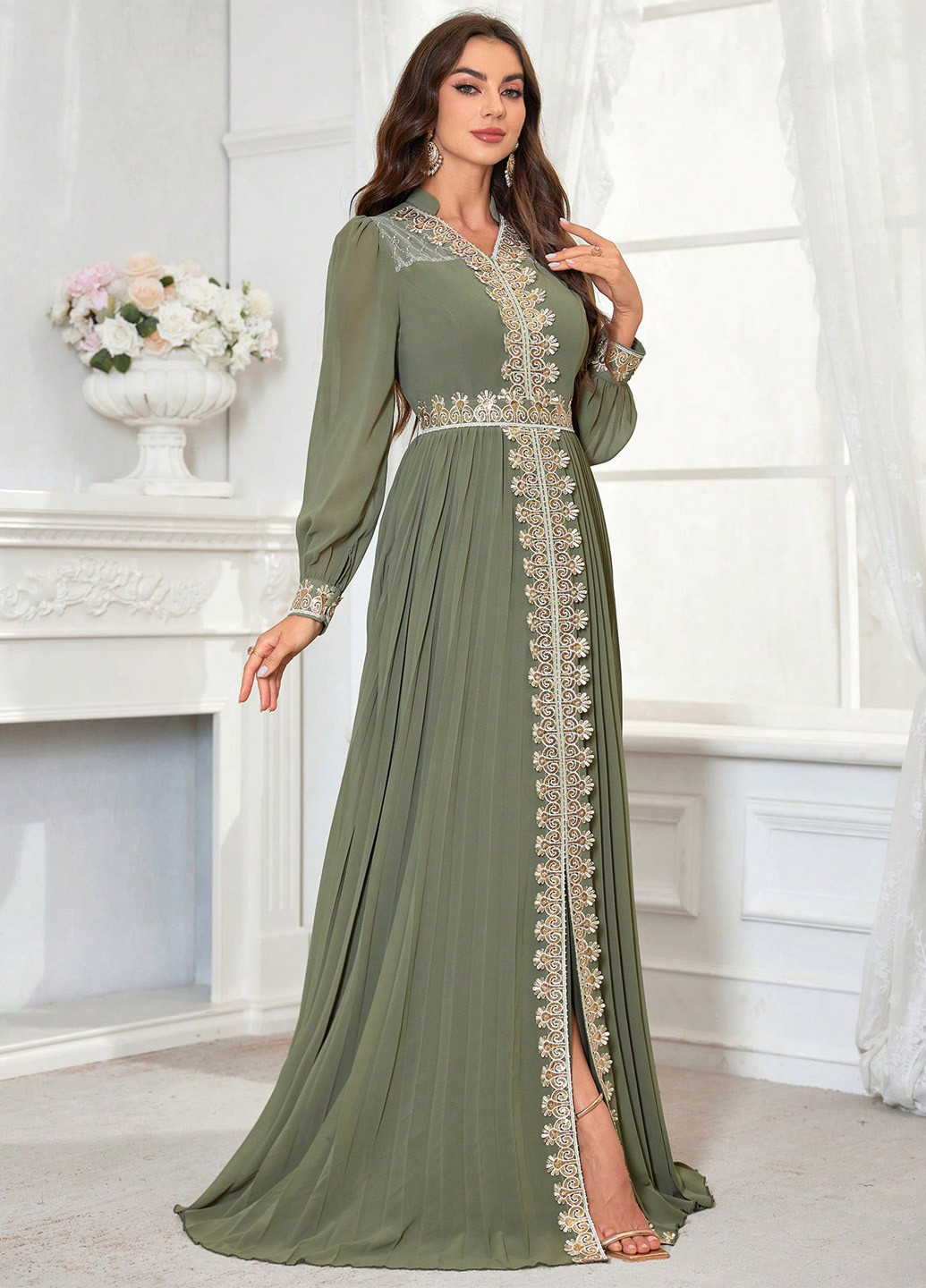 Оливковое праздничный платье а-силуэт SHEIN однотонное