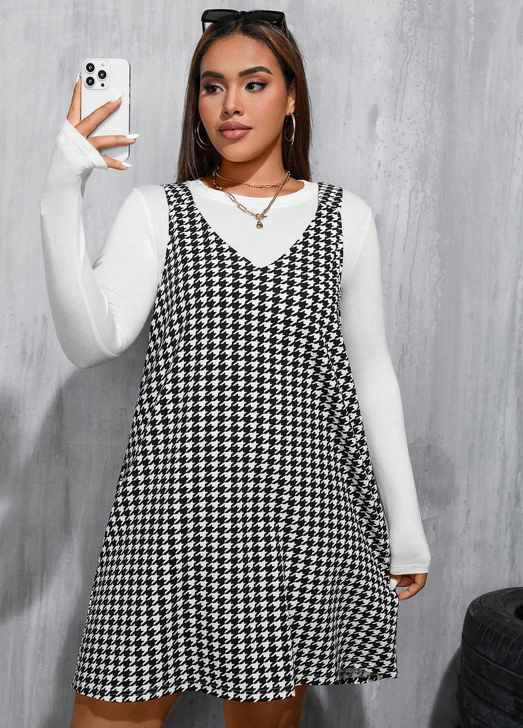 Летний женский сарафан SHEIN с узором пье-де-пуль «гусиная лапка»