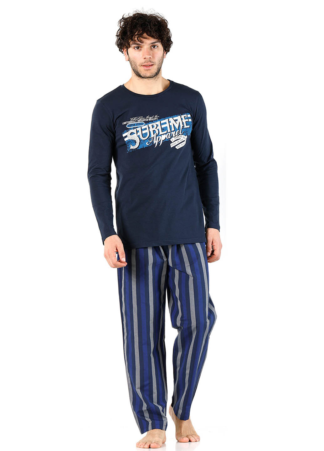 Пижама (лонгслив, брюки) DoReMi лонгслив + брюки полоска тёмно-синяя домашняя хлопок
