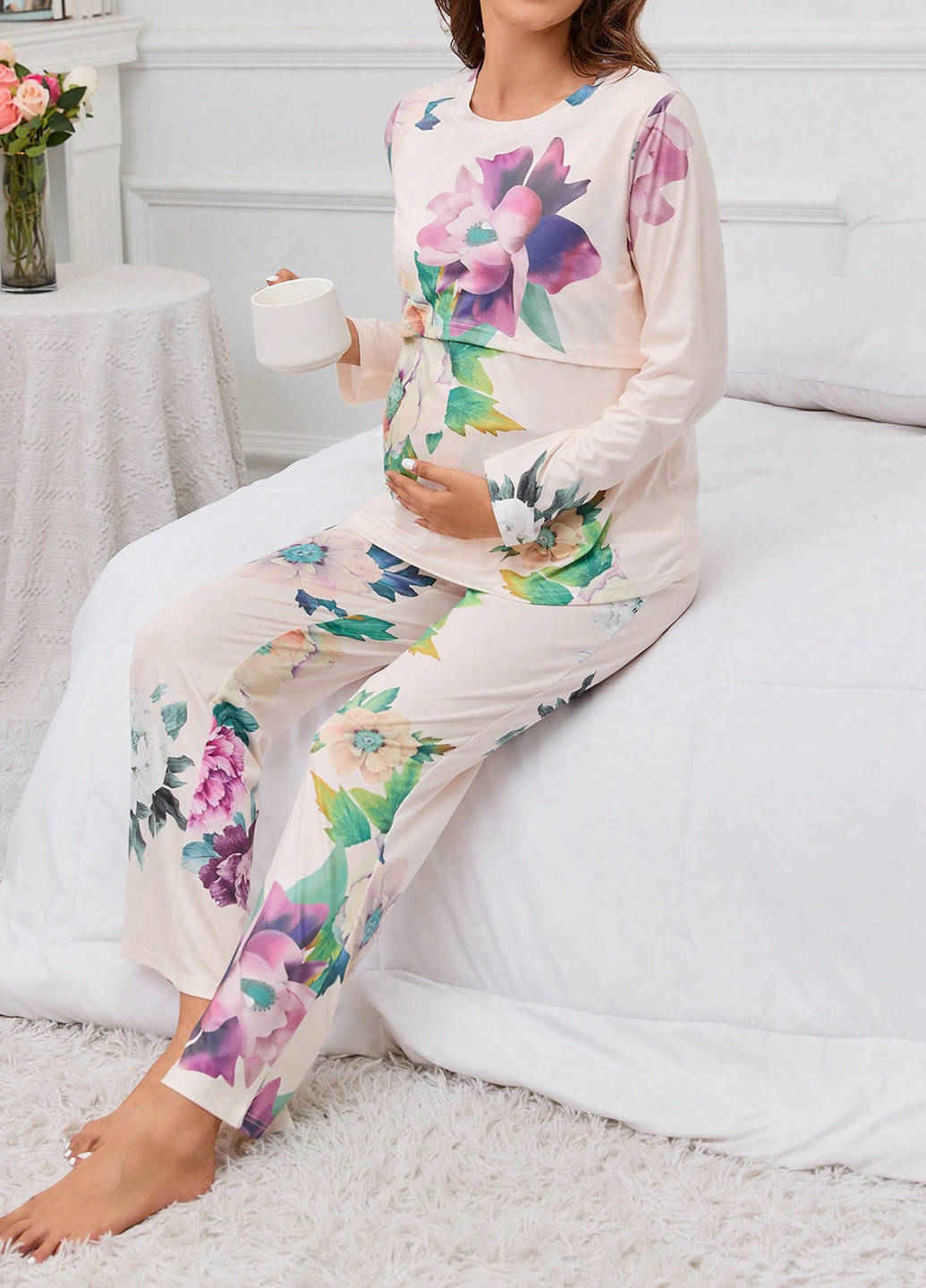 Молочная всесезон пижама для беременных и кормящих (лонгслив, брюки) лонгслив + брюки SHEIN