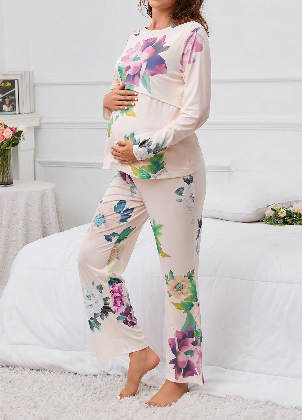 Молочная всесезон пижама для беременных и кормящих (лонгслив, брюки) лонгслив + брюки SHEIN