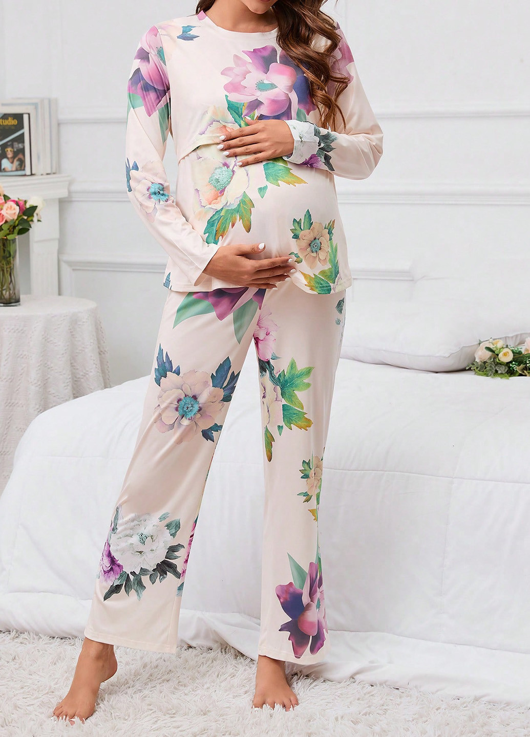 Молочная всесезон пижама для беременных и кормящих (лонгслив, брюки) лонгслив + брюки SHEIN