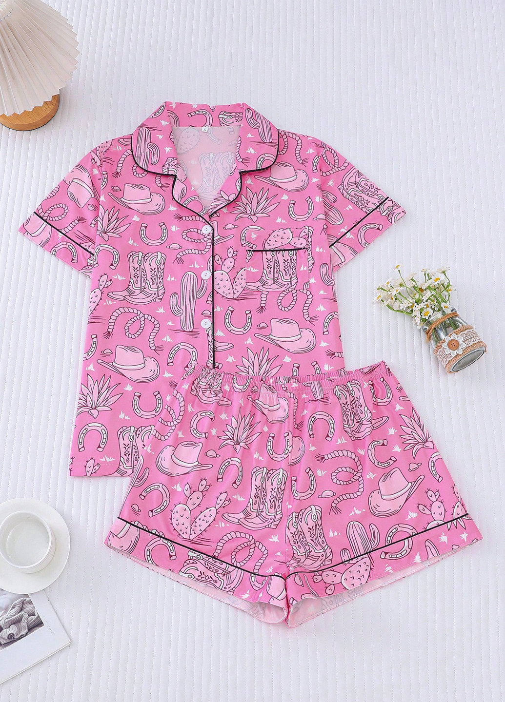 Фуксинова (колору Фукія) всесезон піжама (сорочка, шорти) сорочка + шорти SHEIN