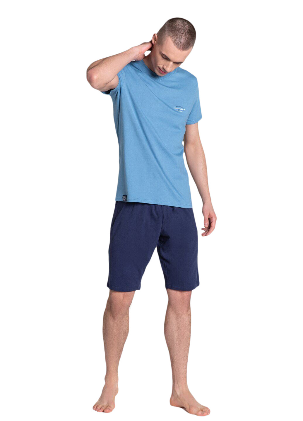 Пижама (футболка, шорты) Henderson футболка + шорты однотонная синяя домашняя хлопок, трикотаж