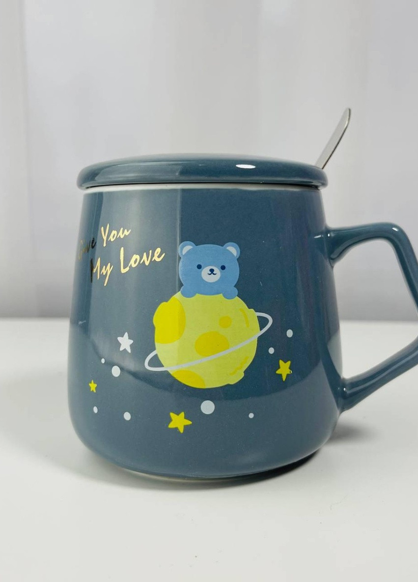 Кружка с крышкой и ложкой Мишка на планете серый 5682 400 мл No Brand (253669284)