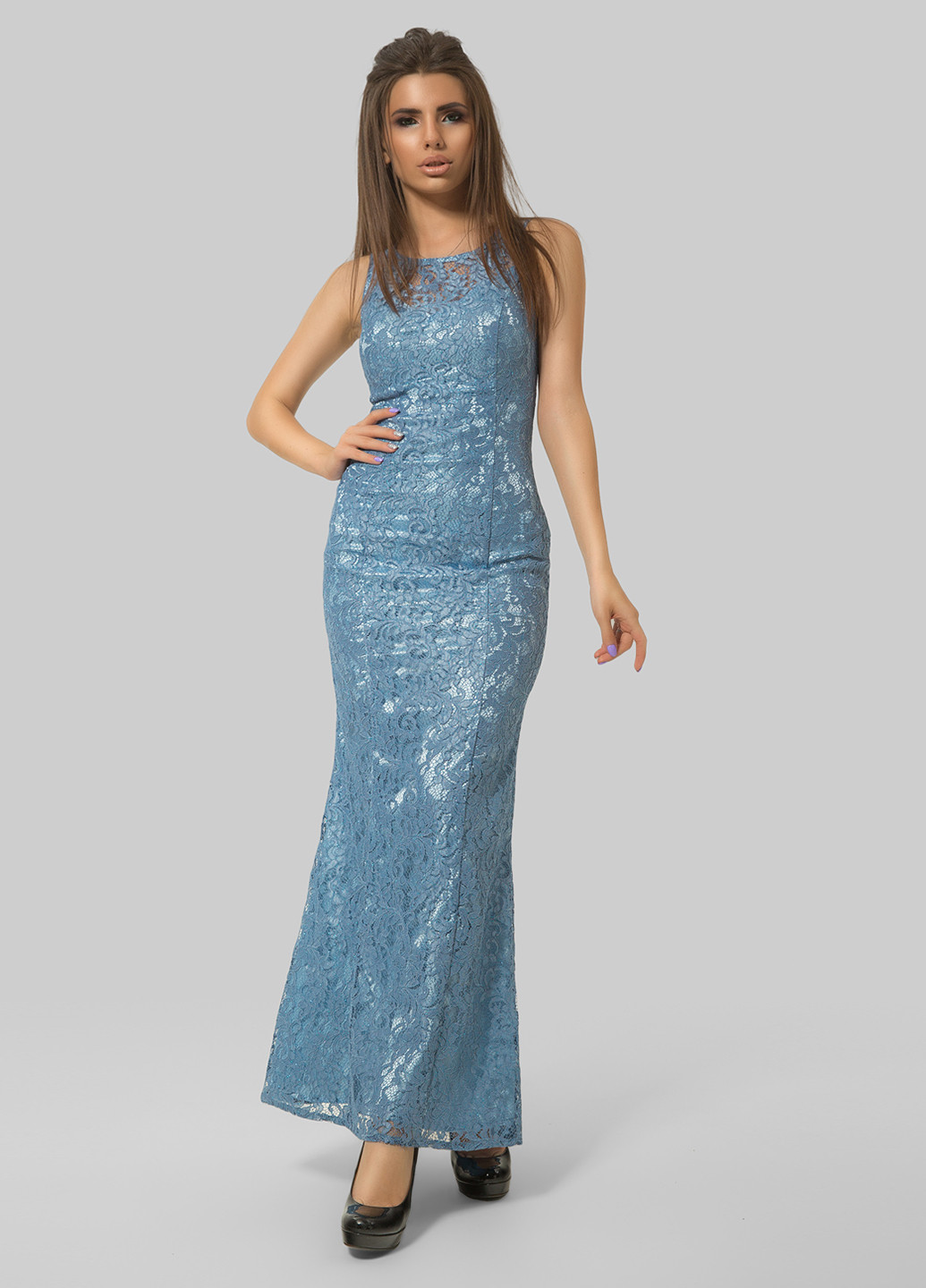 Серо-голубое вечернее платье Azuri однотонное