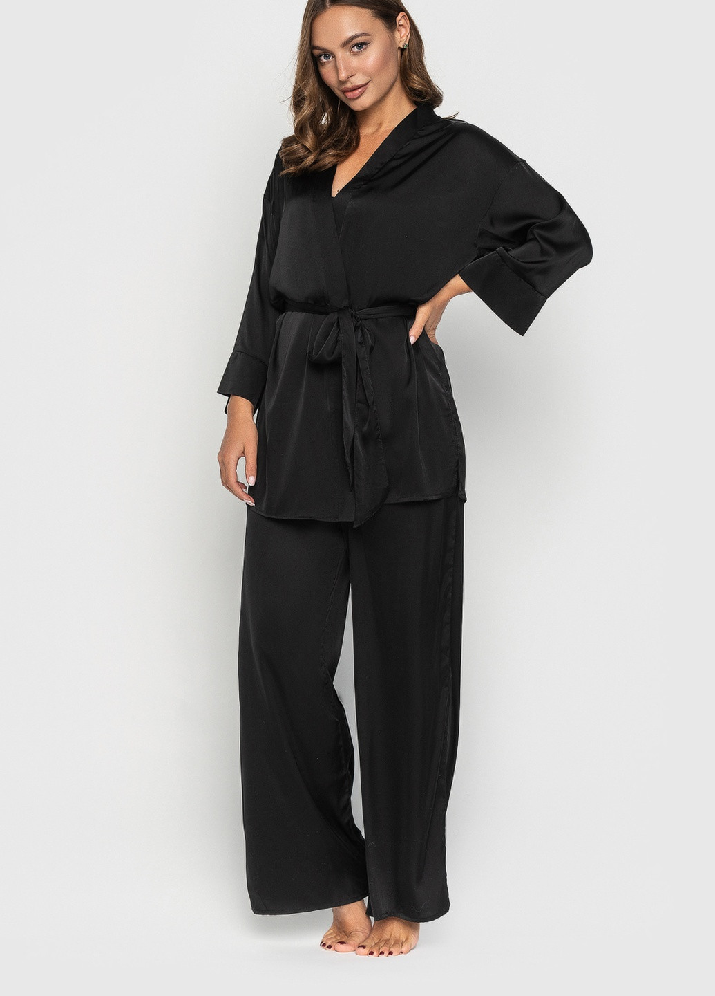 Чорна всесезон шовкова пижама кофта + брюки BeART Піжама