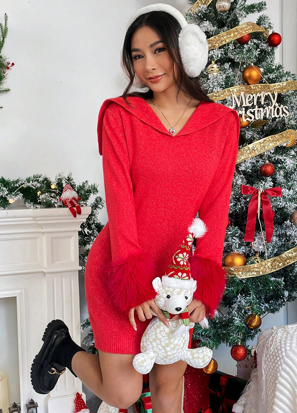 Красное кэжуал платье платье-свитер SHEIN однотонное