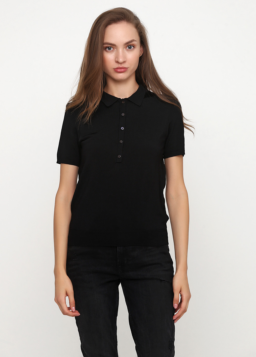 Черная женская футболка-поло H&M однотонная