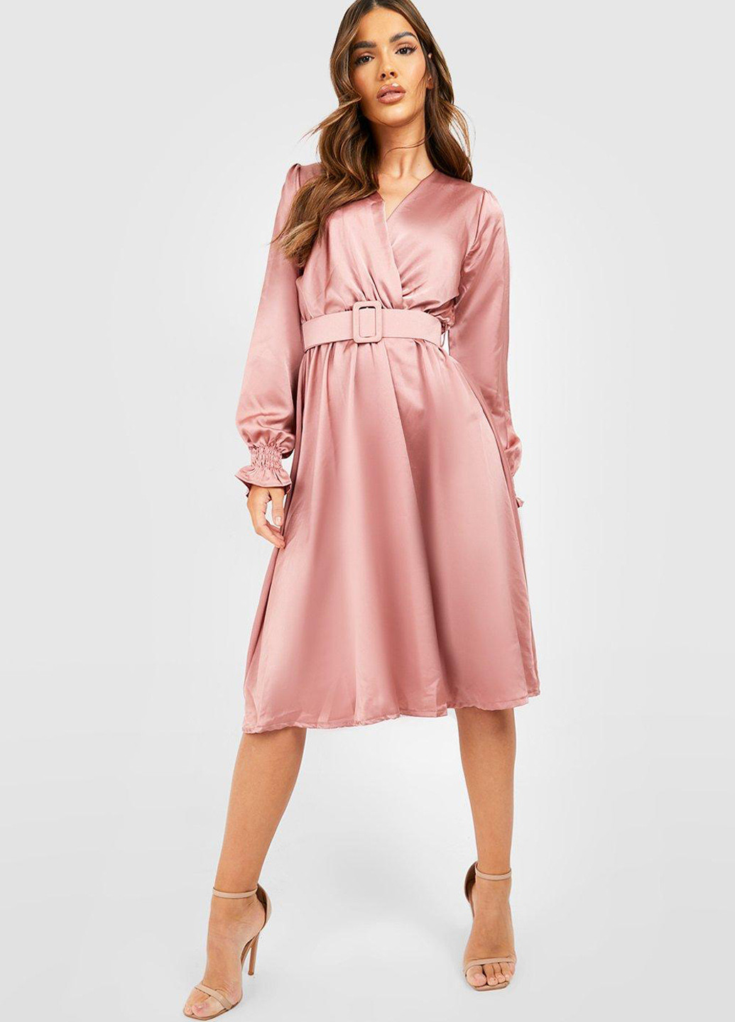 Рожево-коричнева коктейльна сукня на запах, кльош Boohoo однотонна