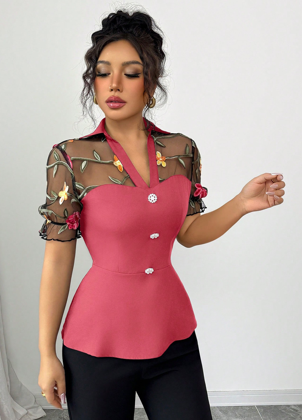 Бордовая блуза с баской SHEIN