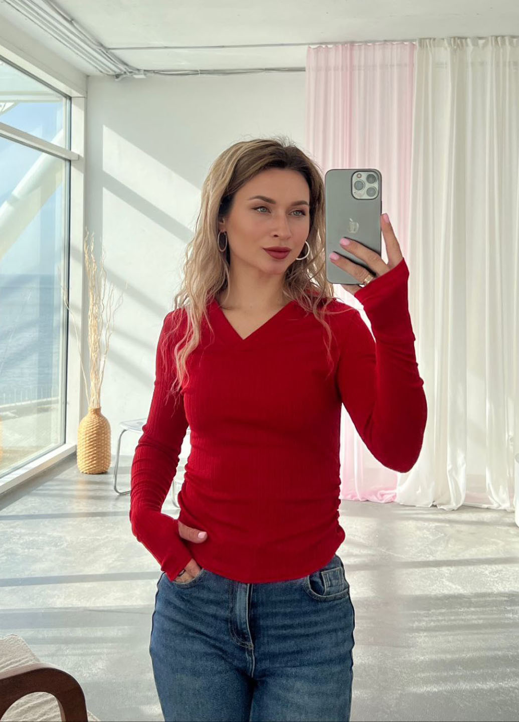 Красная женская футболка-поло No Brand однотонная