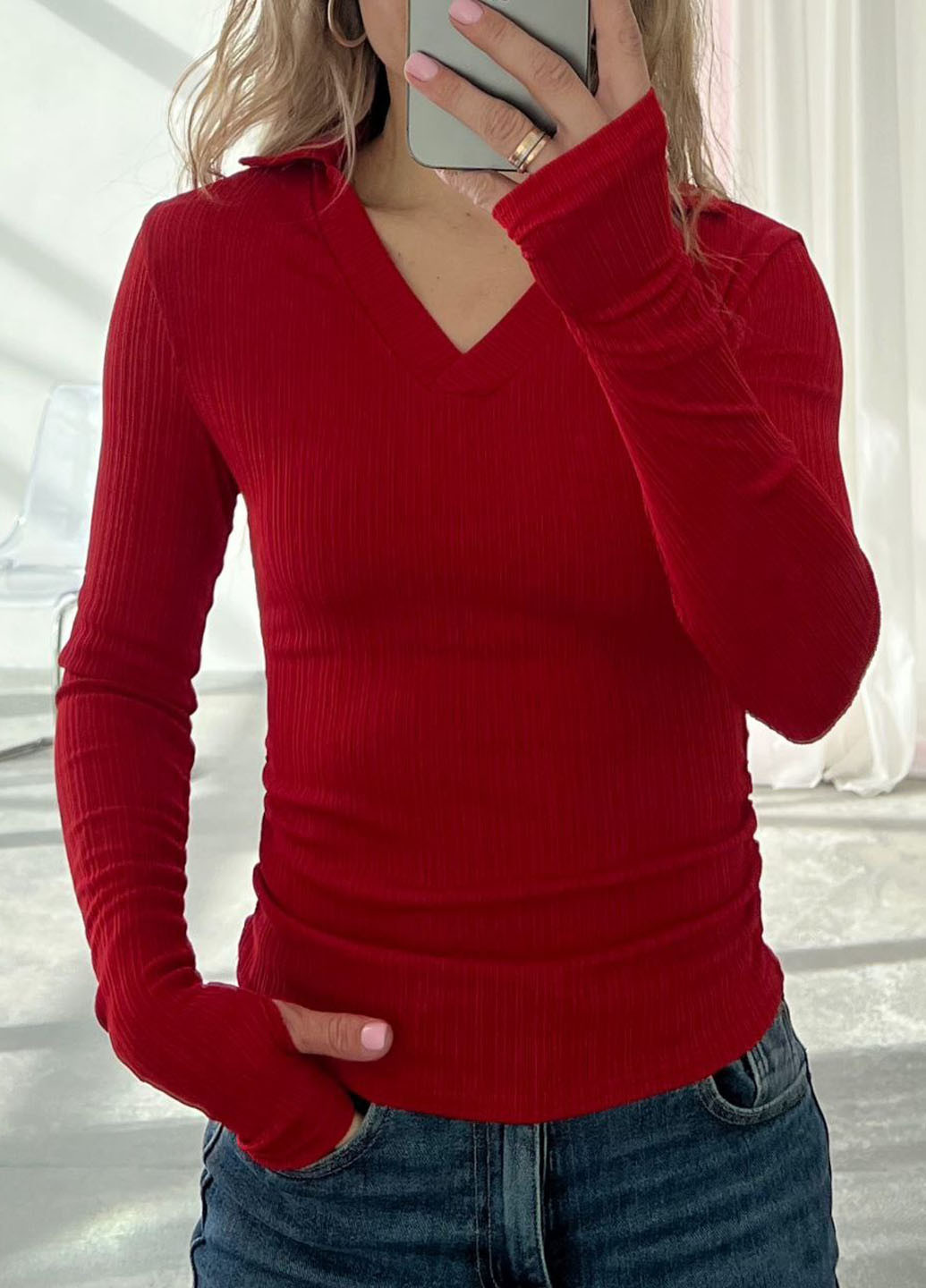 Красная женская футболка-поло No Brand однотонная