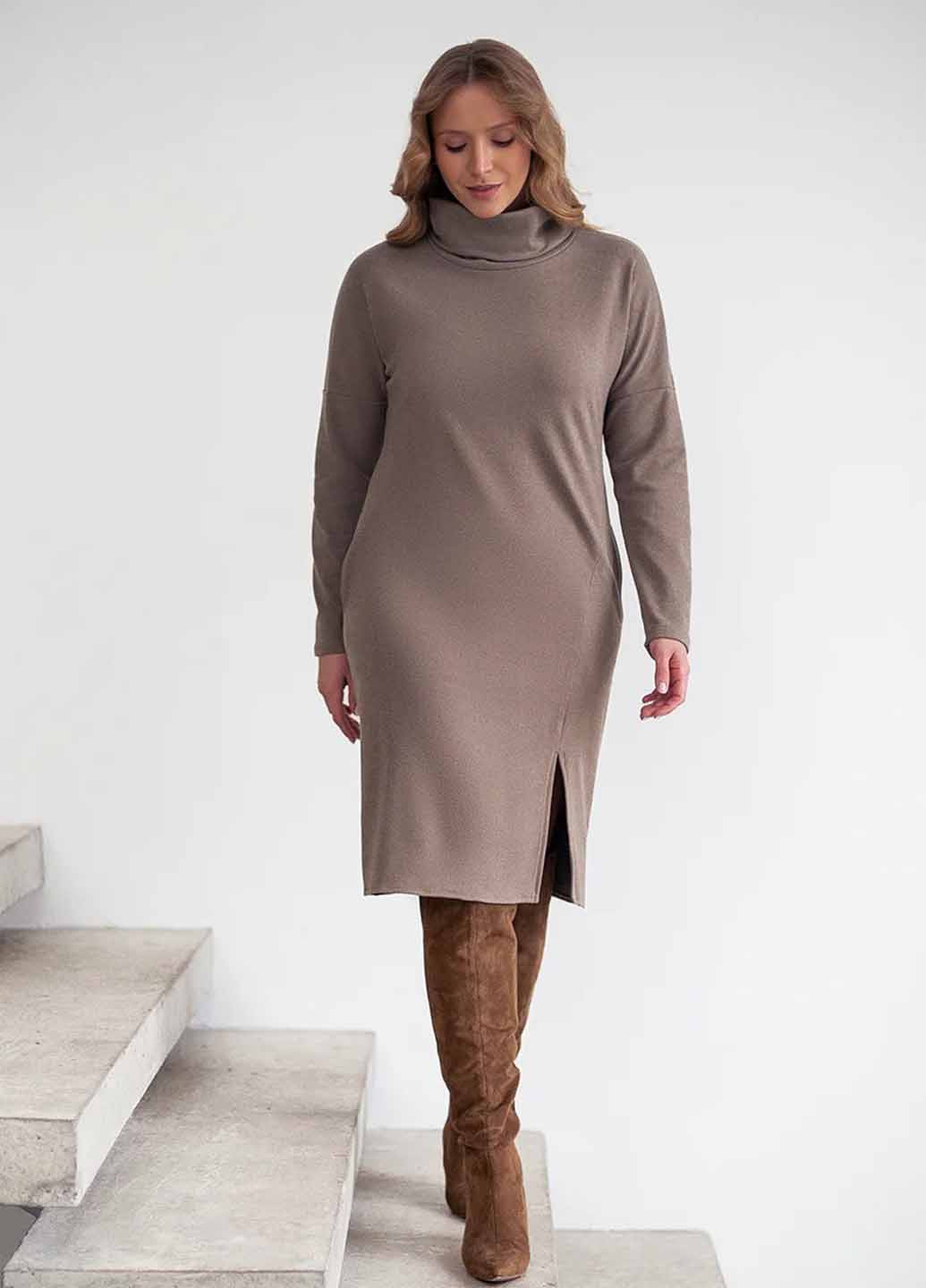 Темно-бежевое кэжуал платье Fashion однотонное