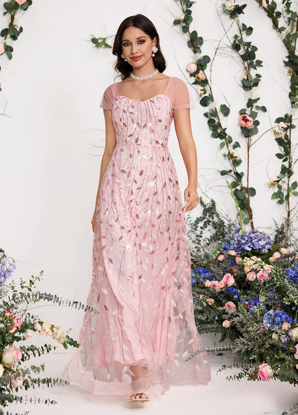 Світло-рожева вечірня сукня кльош SHEIN з малюнком