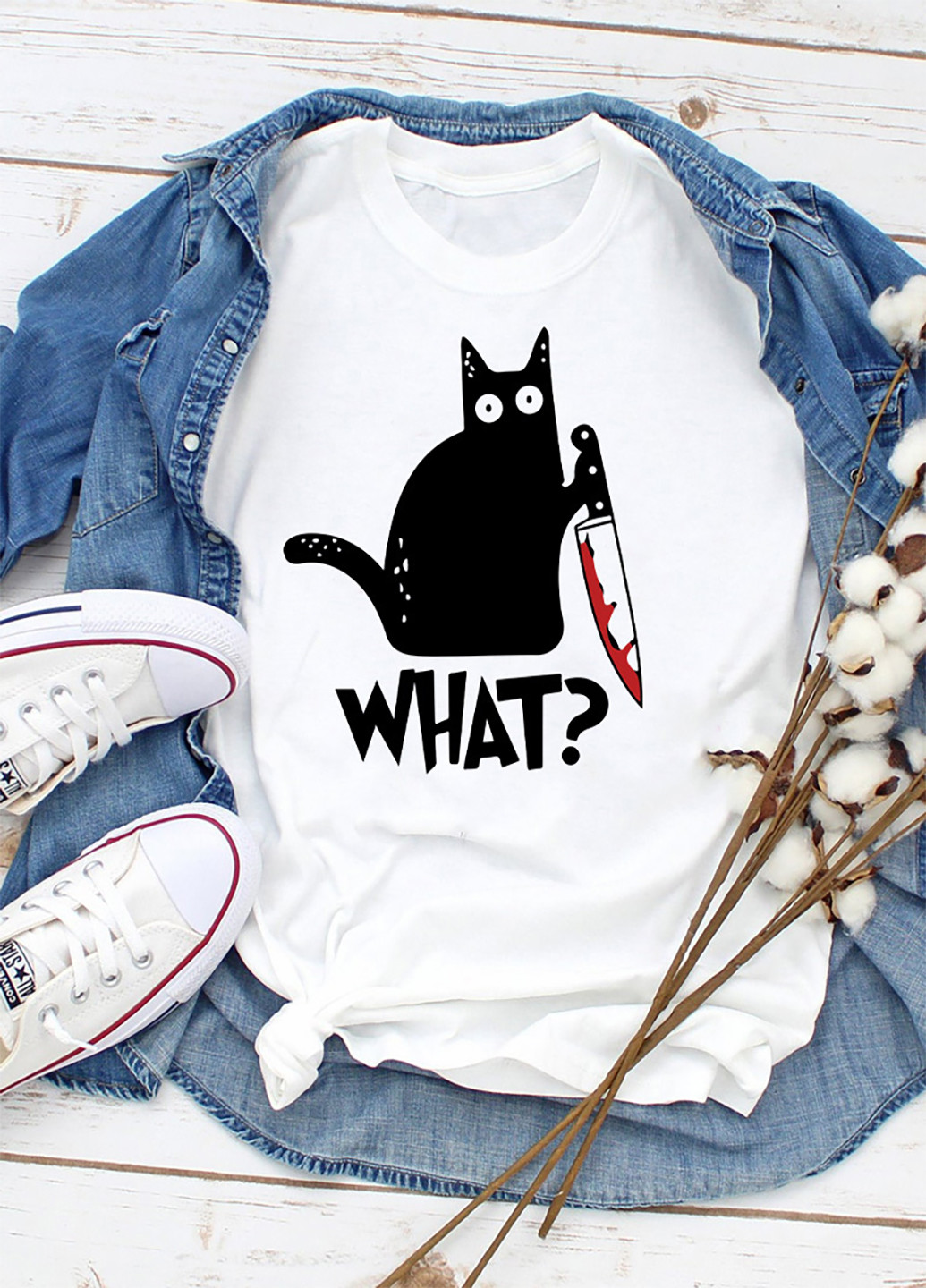 Белая всесезон футболка белая cat says "what?" Zuzu