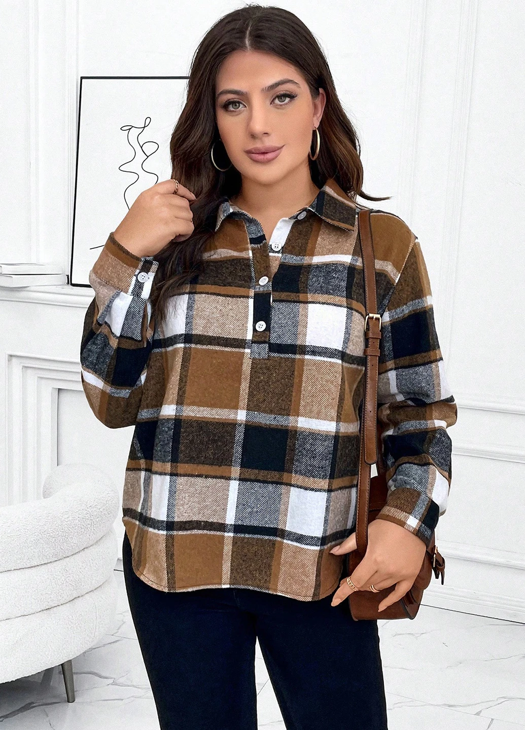 Коричневая кэжуал рубашка в клетку SHEIN