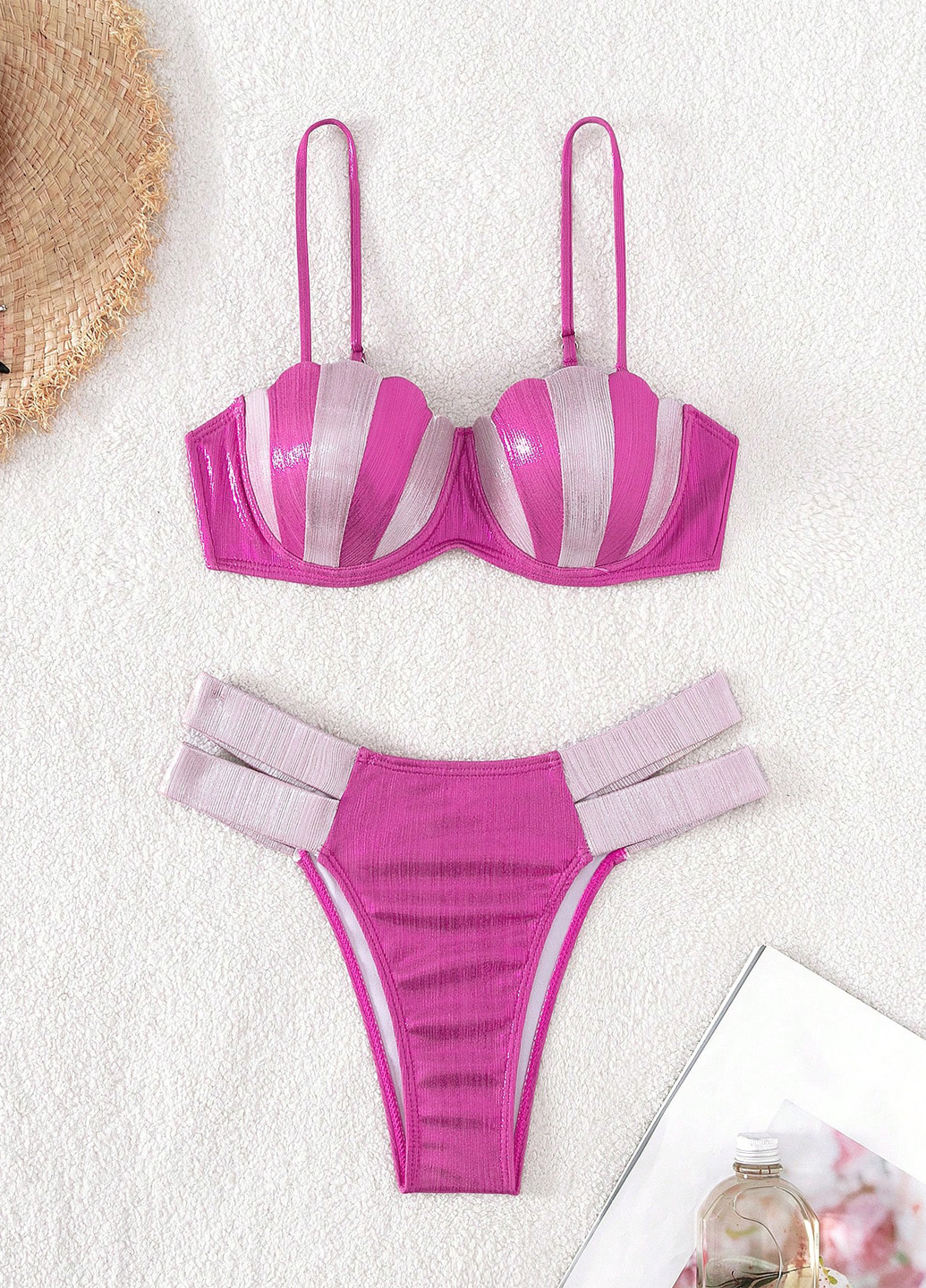 Малиновый летний купальник (лиф, трусики) балконет, раздельный SHEIN