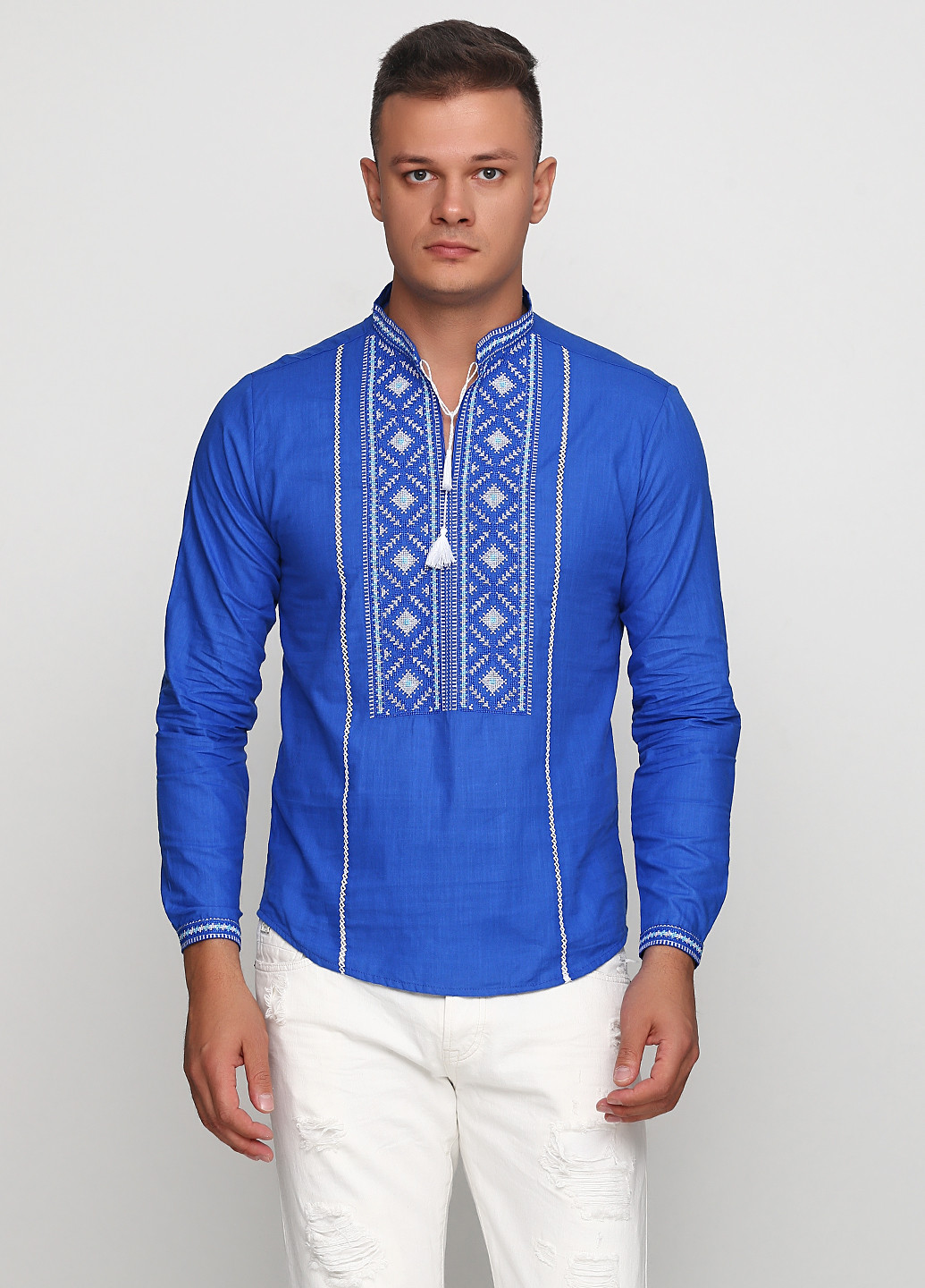 Вышиванка ЕтноМодерн Рубашка с длинным рукавом орнамент синяя кэжуал
