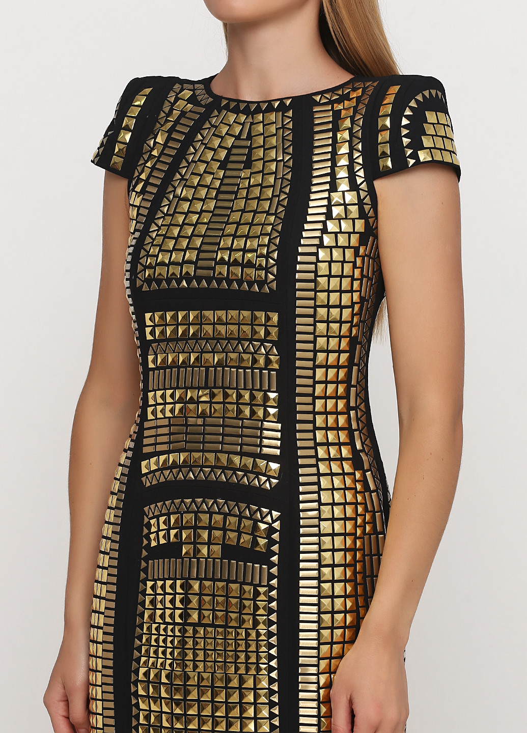 Золотистое коктейльное платье футляр Mangano с геометрическим узором