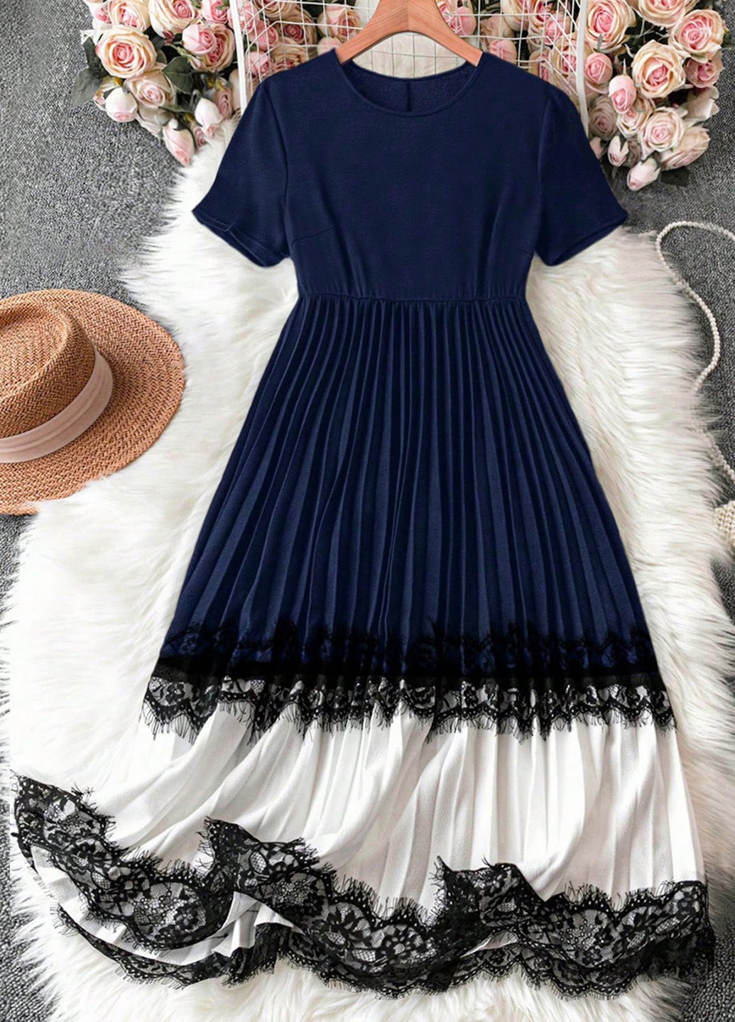 Темно-синя кежуал сукня плісована SHEIN колор блок