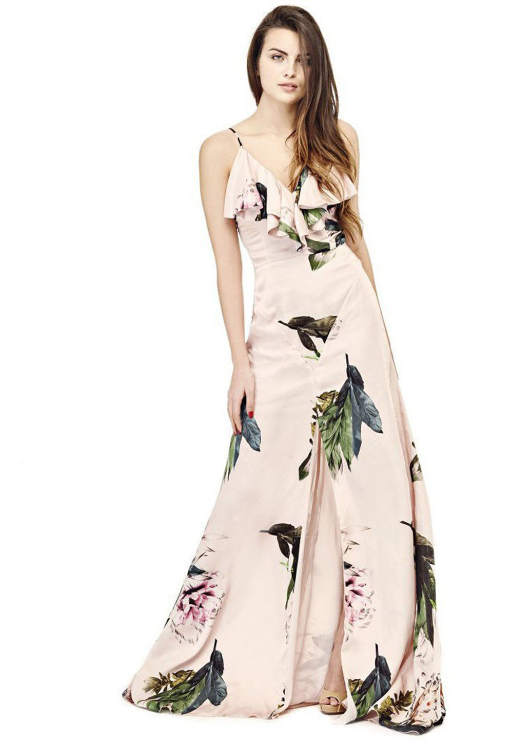 Пудровое вечернее платье с открытой спиной, клеш Marciano с цветочным принтом