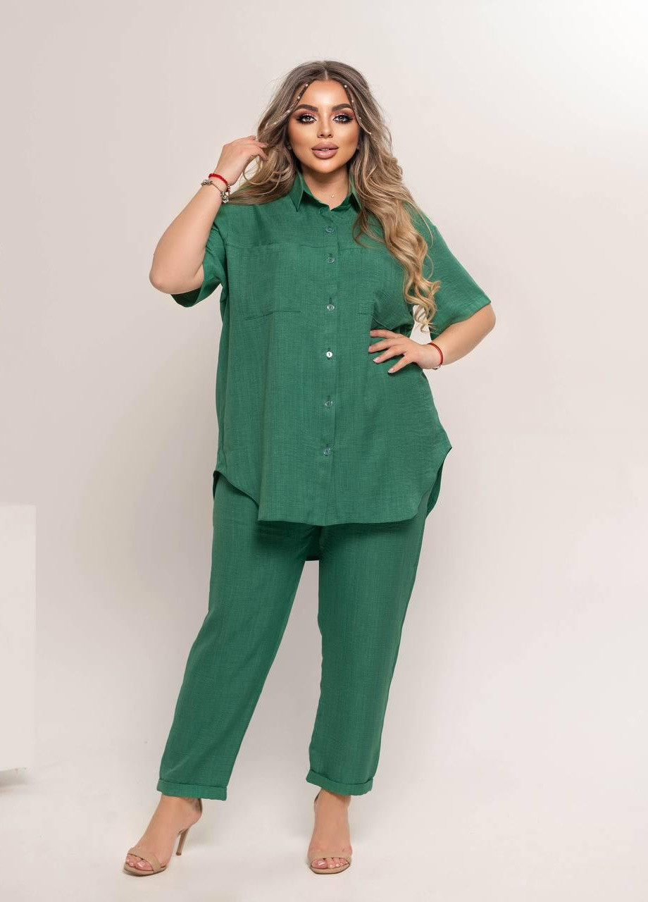 Женский льняной костюм рубашка и брюки зеленого цвета р.48/52 359211 New Trend (256454312)