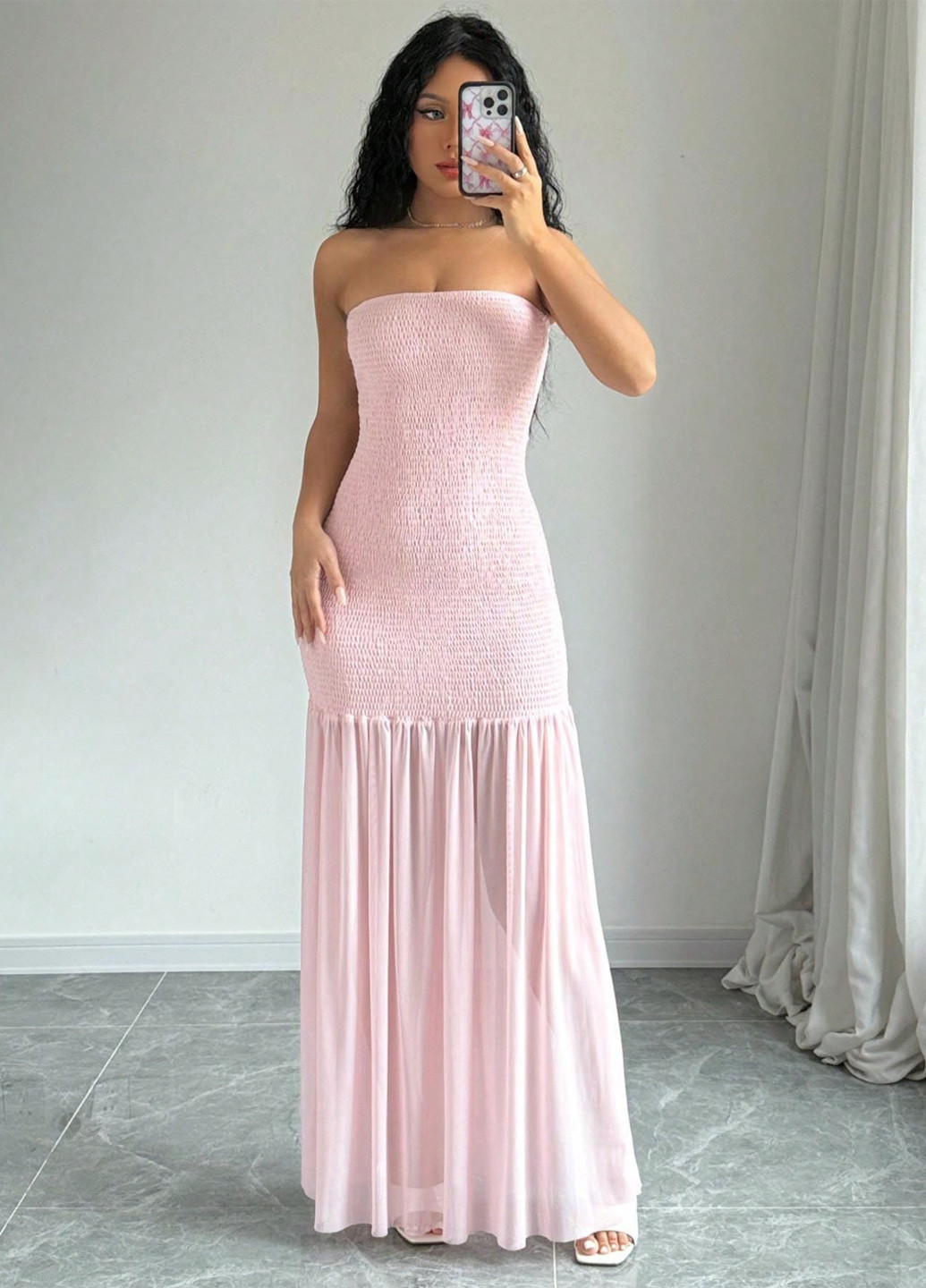 Светло-розовое вечернее, кэжуал платье бандо, с открытыми плечами SHEIN однотонное
