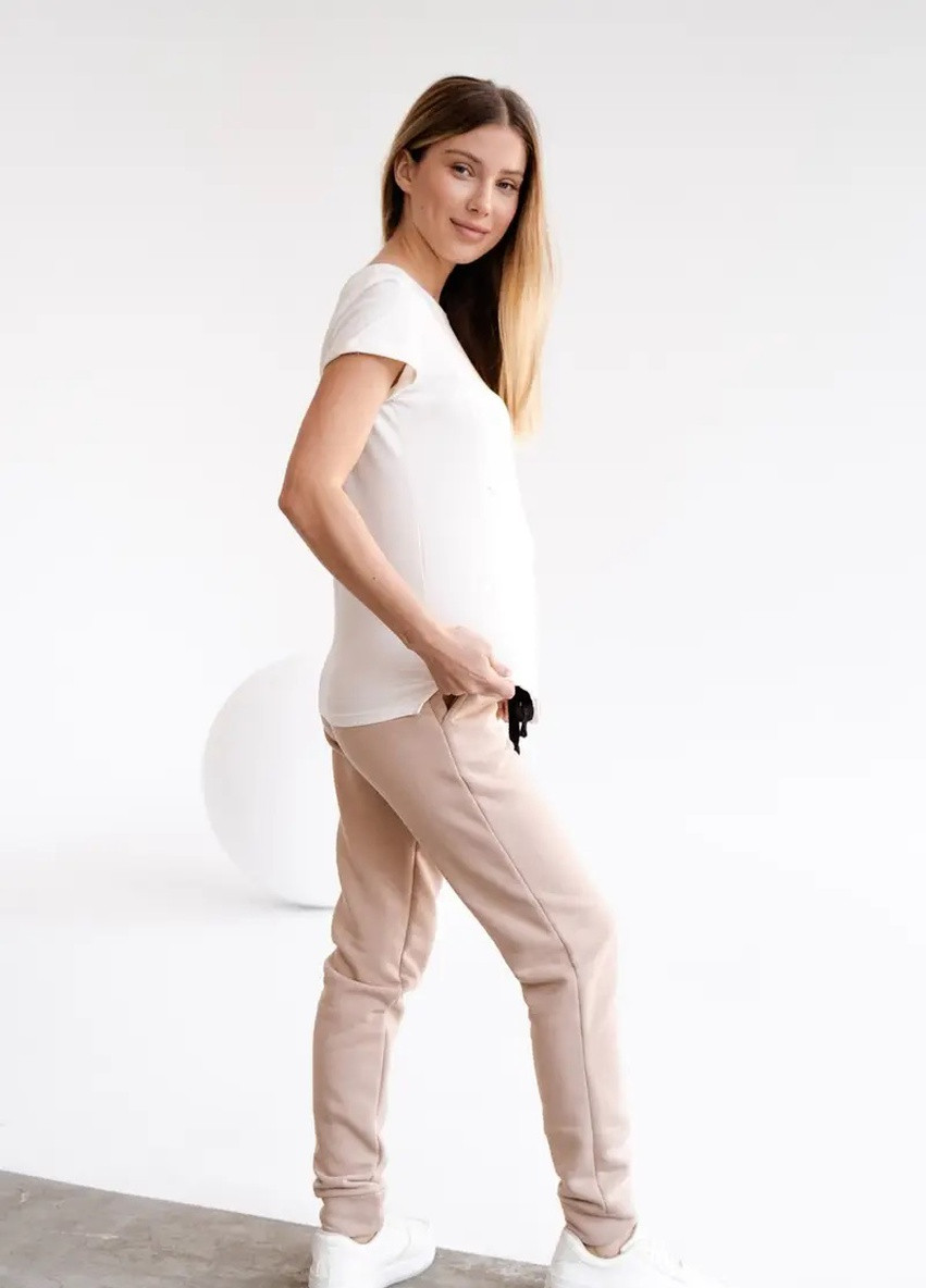 Спортивные брюки для беременных теплые на флисе бежевые с трикотажным животиком To Be (251145599)