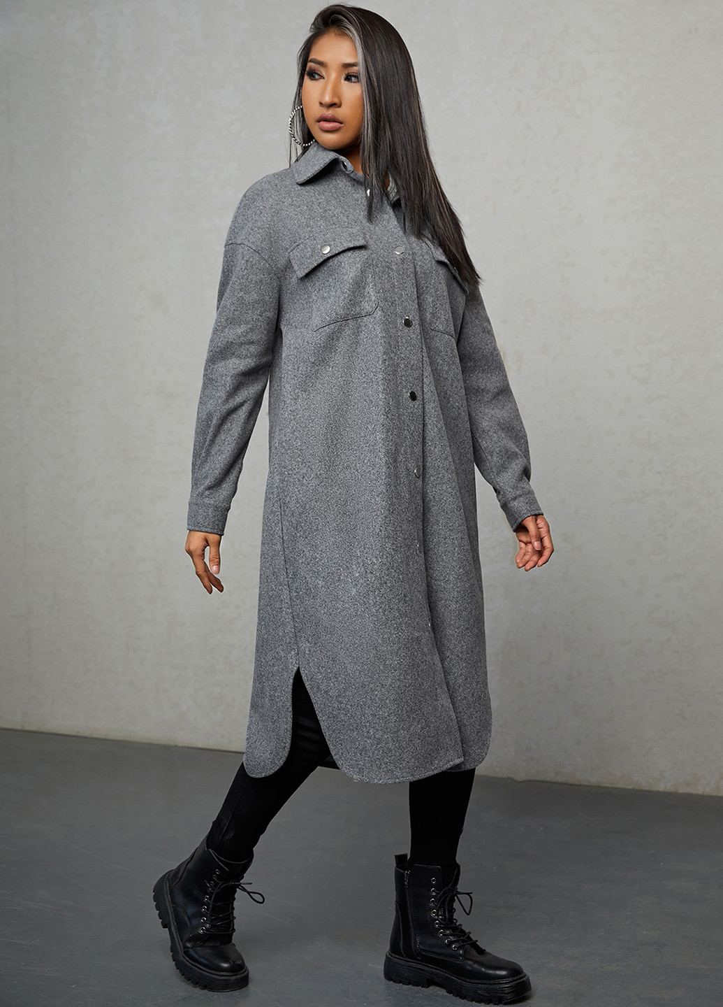 Серое демисезонное Пальто пальто-рубашка SHEIN