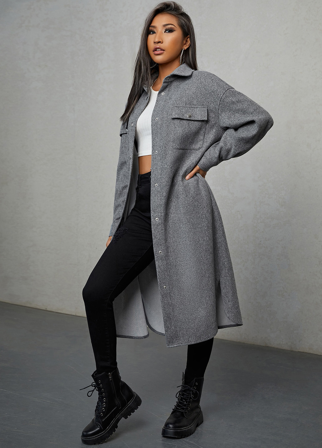 Серое демисезонное Пальто пальто-рубашка SHEIN