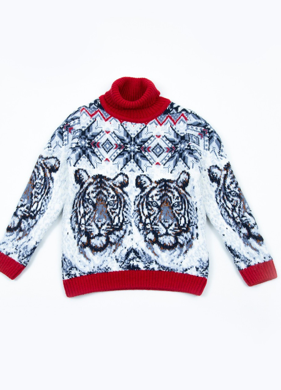 Красный зимний свитер для девочки красный теплый принт с тиграми Pulltonic Прямая