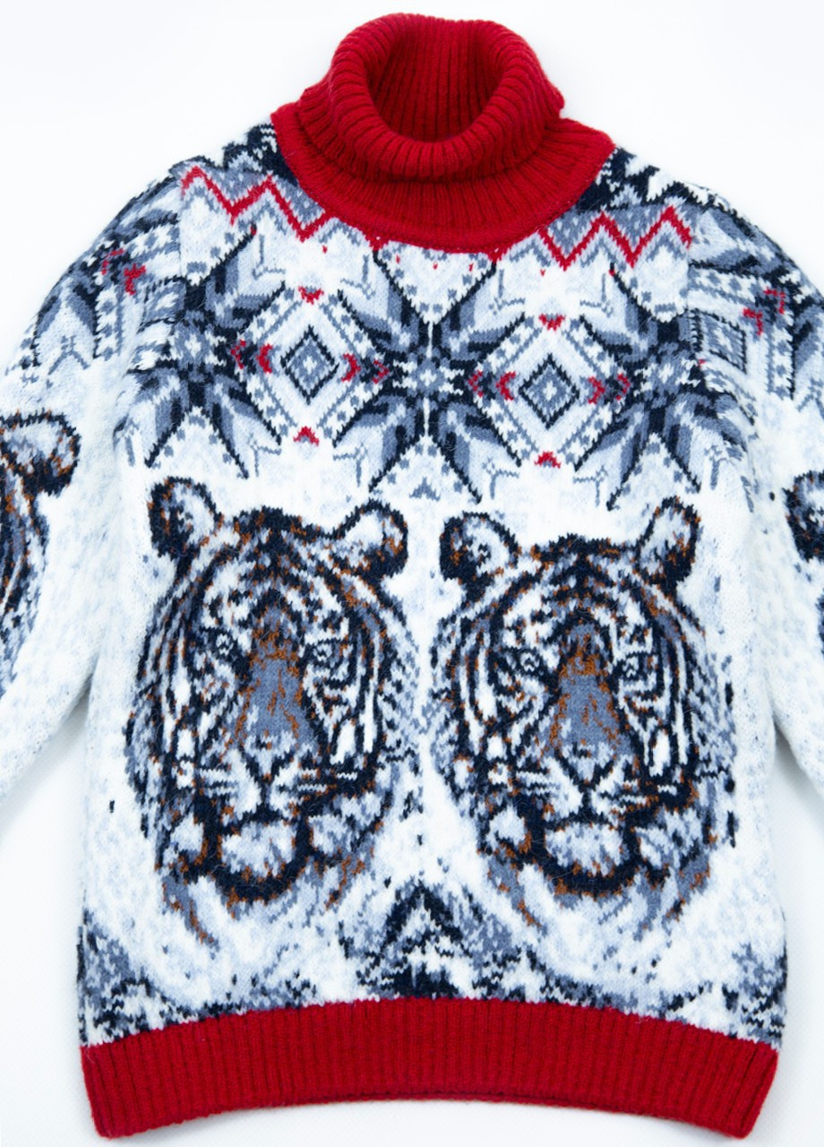 Красный зимний свитер для девочки красный теплый принт с тиграми Pulltonic Прямая