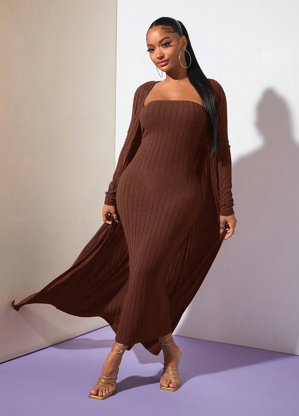 Кавова кежуал сукня силуетна, бандо, з відкритою спиною, з відкритими плечима SHEIN однотонна