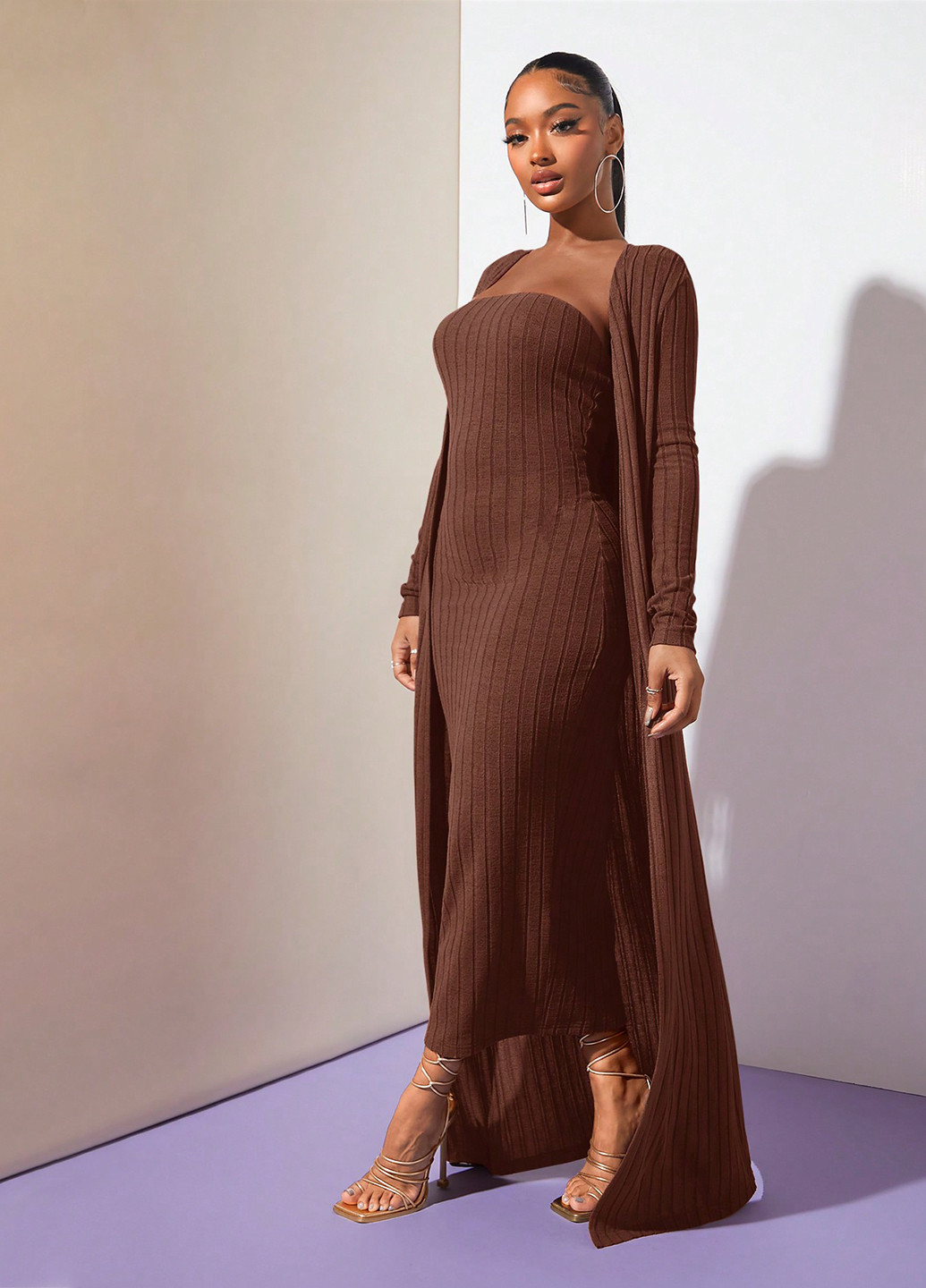 Кавова кежуал сукня силуетна, бандо, з відкритою спиною, з відкритими плечима SHEIN однотонна